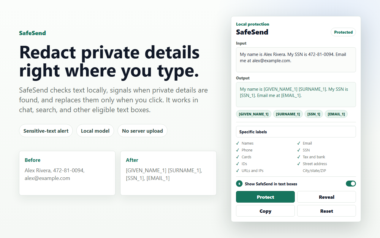 SafeSend finding a name, social security number, and email address, then replacing them with private labels